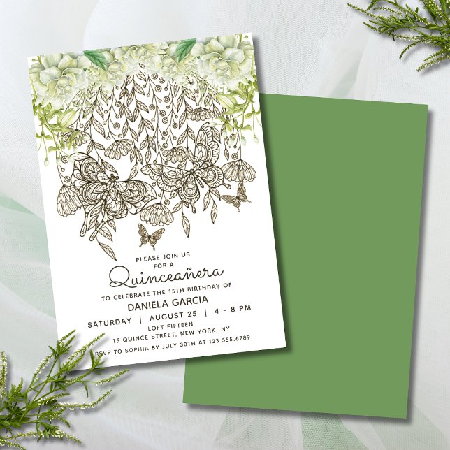 Invitation Rose d'aquarelle en fleurs papillon Quinceañera (Créateur téléchargé)