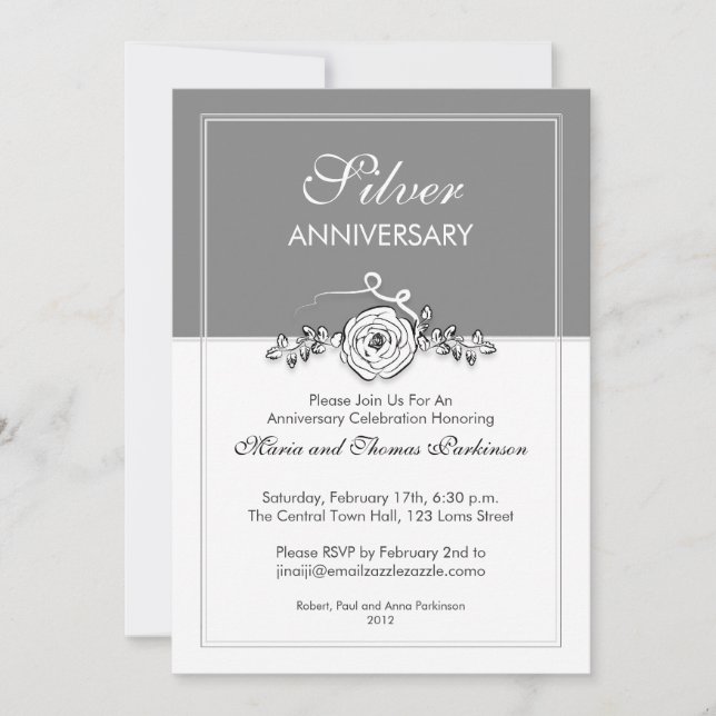 Invitation rose d'argent 25e anniversaire mariage (Devant)