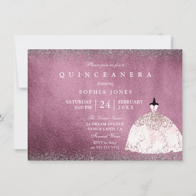 Invitation Rose d'argent Bourgogne or rose Quinceanera Invita (Dos)