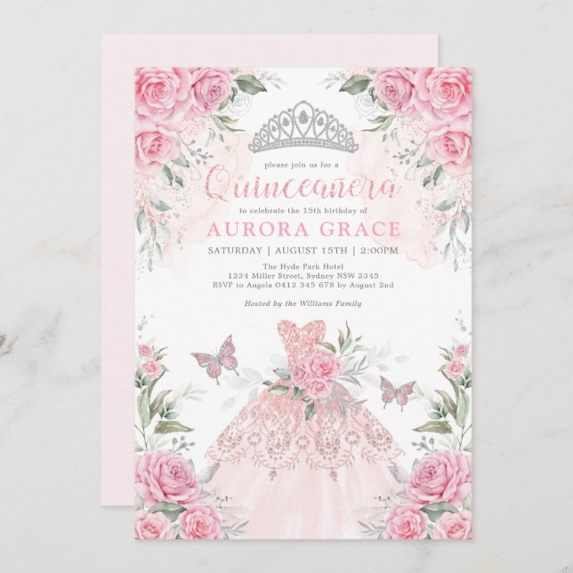Invitation Rose d'argent rose princesse Crown Quinceañera (Devant / Derrière)