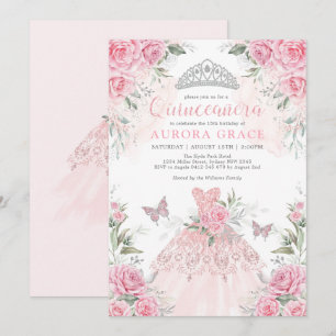 Invitation Rose d'argent rose princesse Crown Quinceañera