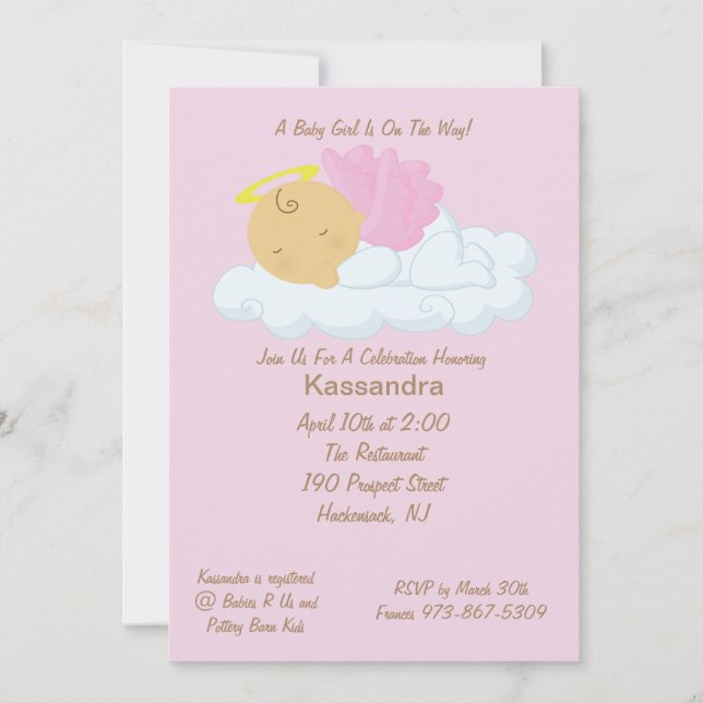 Invitation rose de baby shower d'ange de bébé (Devant)