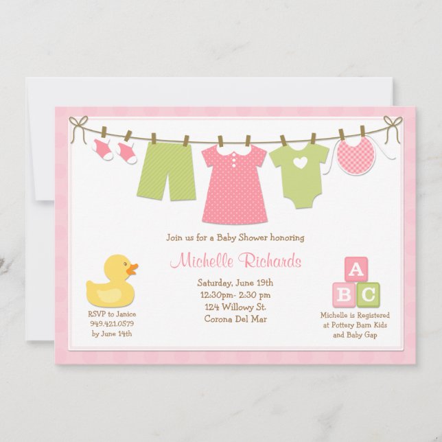 Invitation rose de baby shower de blanchisserie (Devant)