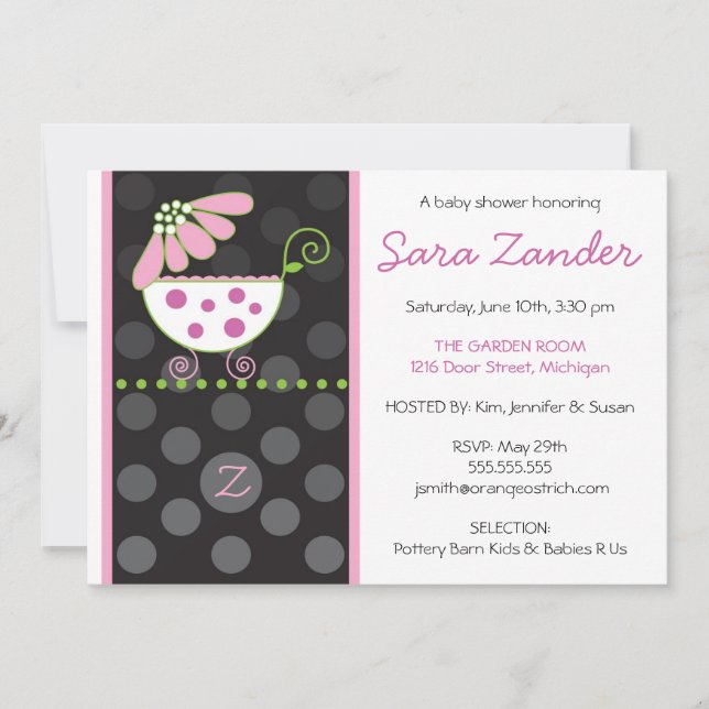 Invitation rose de baby shower de chariot de (Devant)