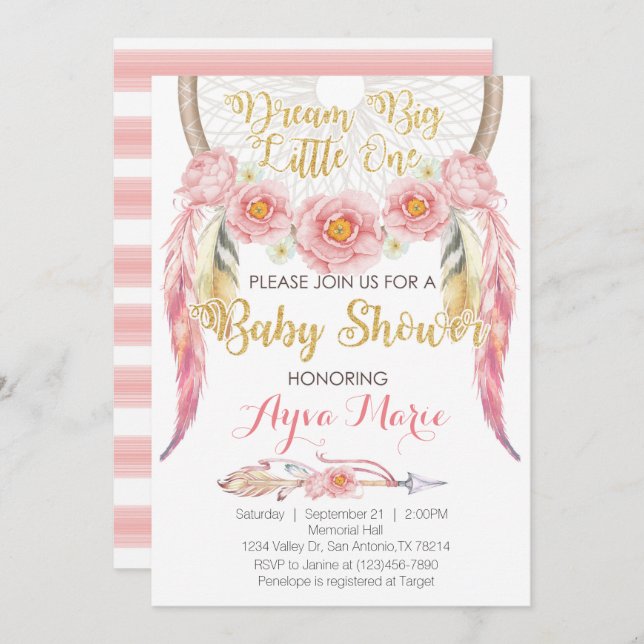 Invitation rose de baby shower de Dreamcatcher (Devant / Derrière)