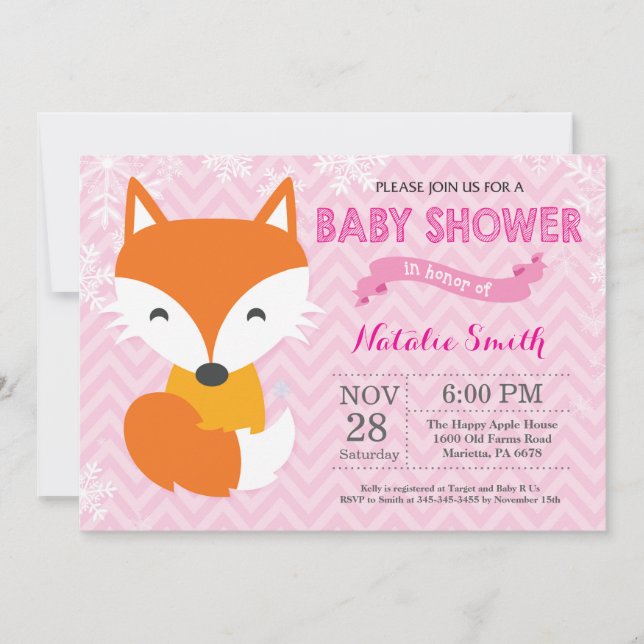 Invitation rose de baby shower de fille de Fox (Devant)