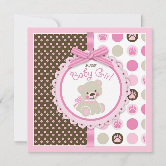 Invitation Rose de baby shower de fille d'ours de nounours (Devant)