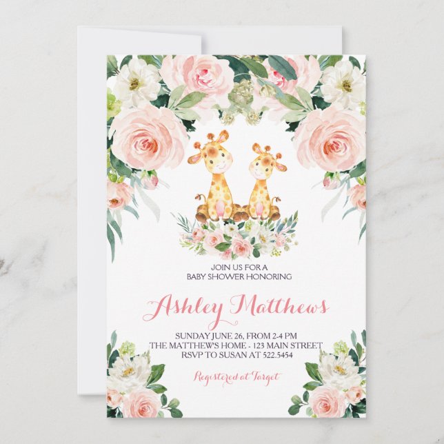 invitation rose de baby shower de fleur de girafe (Devant)