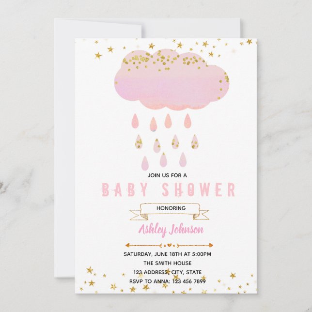 Invitation rose de baby shower de nuage (Devant)