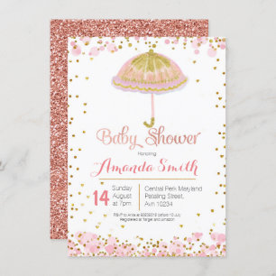 Invitation rose de baby shower de parapluie d'or
