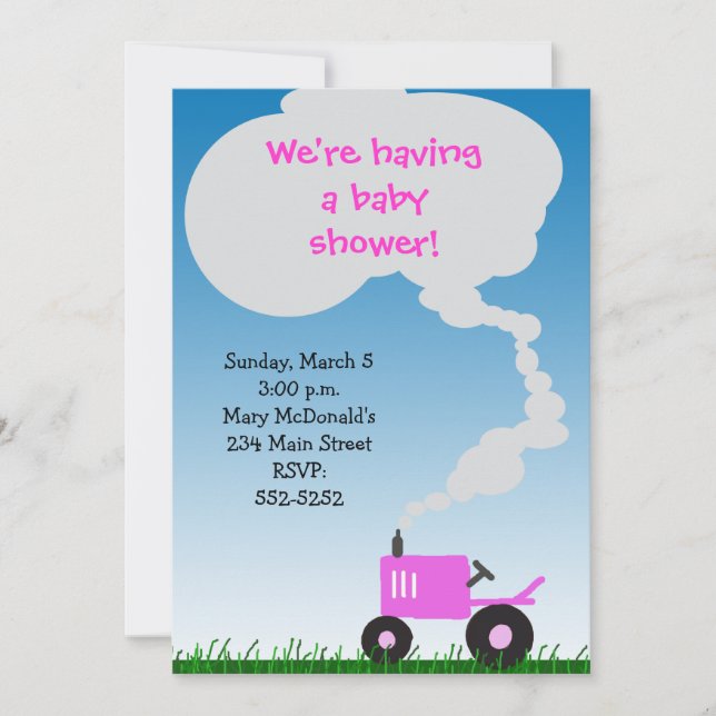 Invitation rose de baby shower de tracteur (Devant)