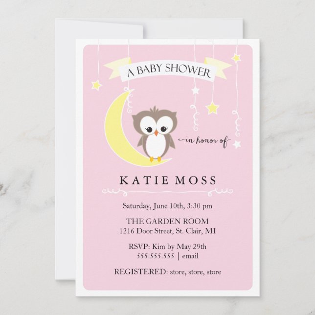 Invitation rose de baby shower du petit hibou | (Devant)