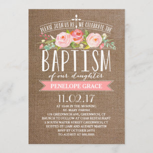 Invitation rose de baptême de la toile de jute  