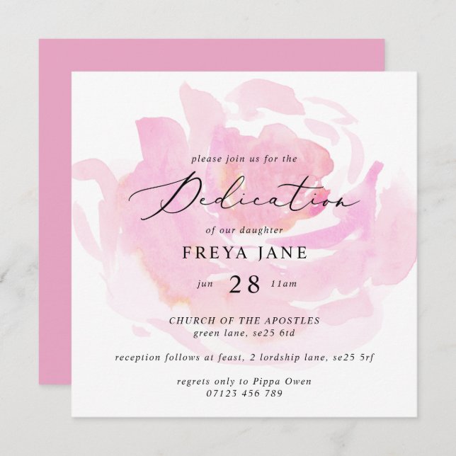 Invitation Rose  de bébé Dedication Carré (Devant / Derrière)
