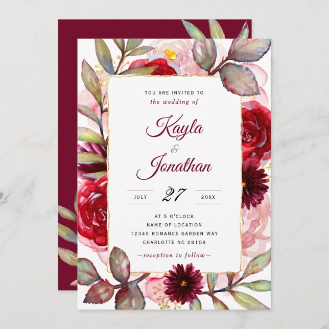 Invitation Rose de Bourgogne Marsala Gold et Mariage Blush (Devant / Derrière)