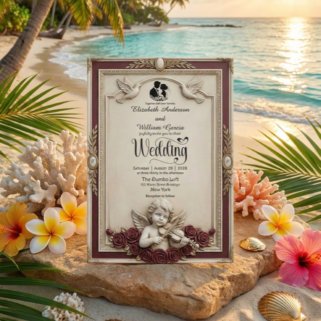 Invitation Rose de Bourgogne profonde et chérubins Mariage de (Créateur téléchargé)