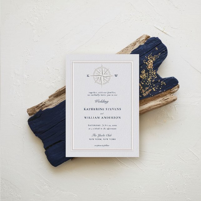 Invitation Rose de boussole Bateau nautique Mariage côtier of (nautical wedding invitation compass rose formal traditional modern classic beach ocean coastal ivory)