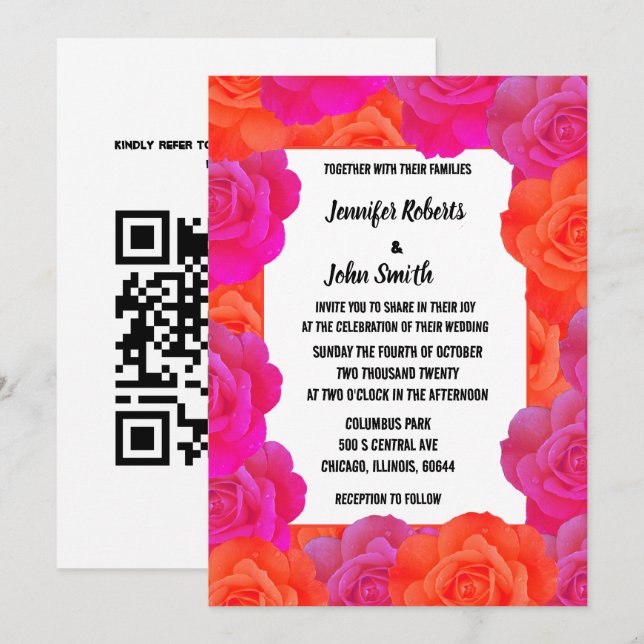 Invitation Rose de code QR Floral orange rose Motif Mariage (Devant / Derrière)
