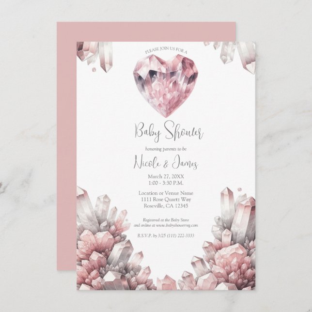Invitation Rose de Coeur rose Quartz Love Baby shower cristal (Devant / Derrière)