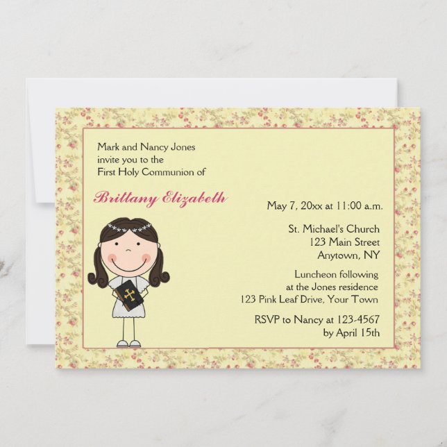 Invitation rose de communion de fille de cheveux (Devant)