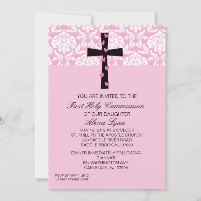 Invitation rose de communion de filles de damassé (Devant)