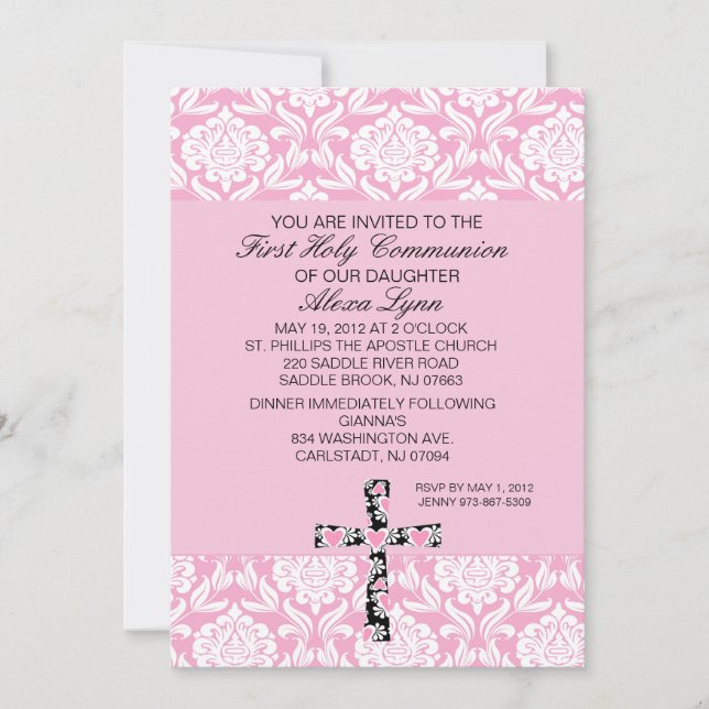 Invitation rose de communion de filles de damassé (Devant)