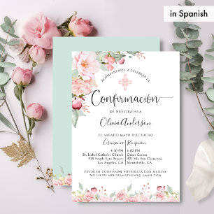Invitation Rose de confirmation espagnol Or, Mint Floral