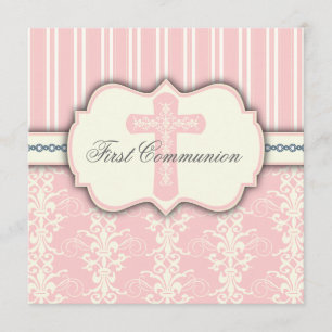 Invitation rose de damassé de première communion