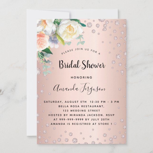Invitation Rose de douche nuptiale or floraux diamants (Devant)