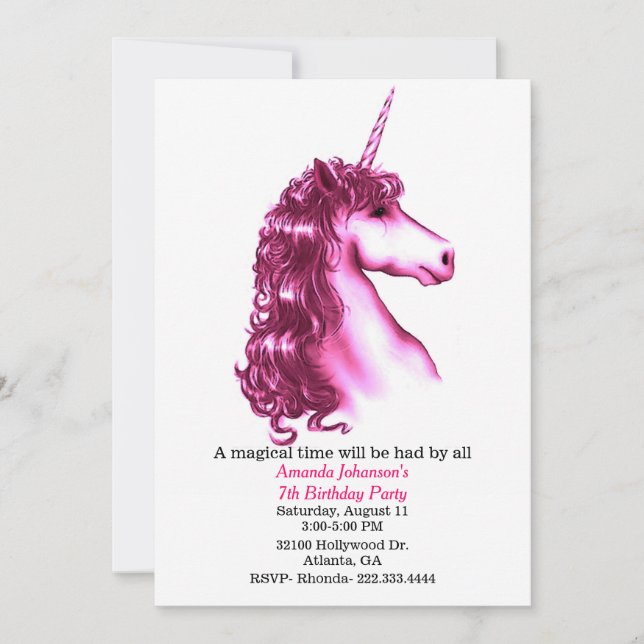 Invitation rose de fête d'anniversaire de licorne (Devant)