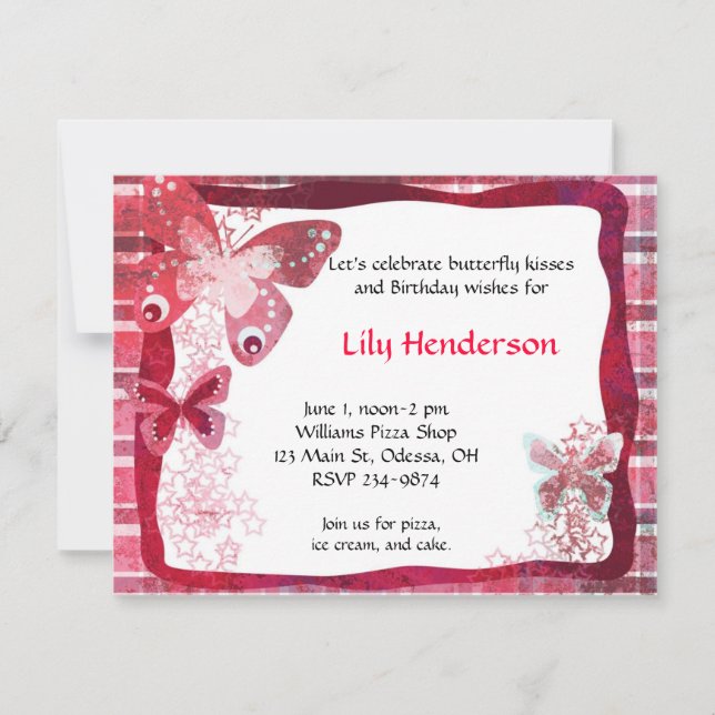 Invitation rose de fête d'anniversaire de papillon (Devant)
