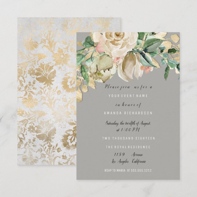 Invitation Rose de fête d'anniversaire Paint Floral Grey (Devant / Derrière)