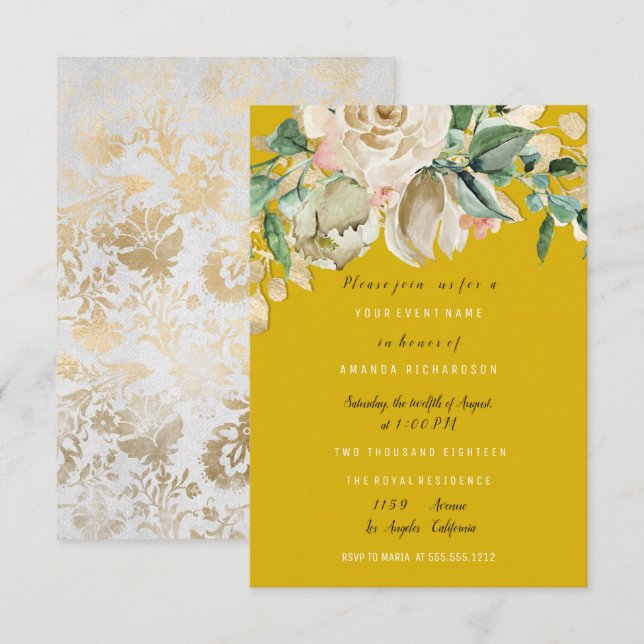Invitation Rose de fête de mariage et de naissance Peinture f (Devant / Derrière)