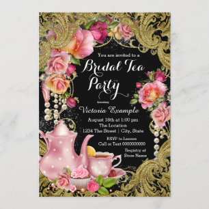 Invitation Rose de fête de thé en paillettes noires et dorées