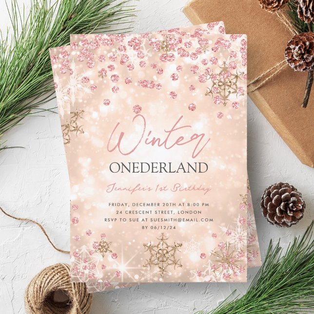 Invitation Rose de fête Gold Winter ONEDERLAND 1er anniversai (Festive Rose Gold Winter ONEDERLAND 1st Birthday Invitation)