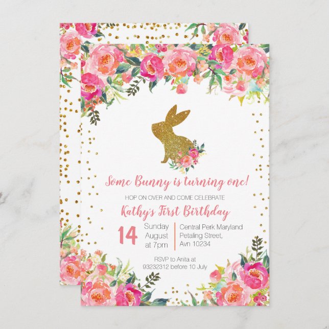 Invitation Rose de fille et anniversaire de lapin d'or floral (Devant / Derrière)