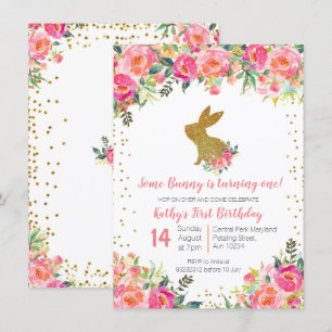 Invitation Rose de fille et anniversaire de lapin d'or floral