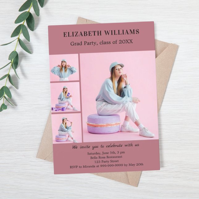 Invitation Rose de la fête d'études collage photo en or (Créateur téléchargé)