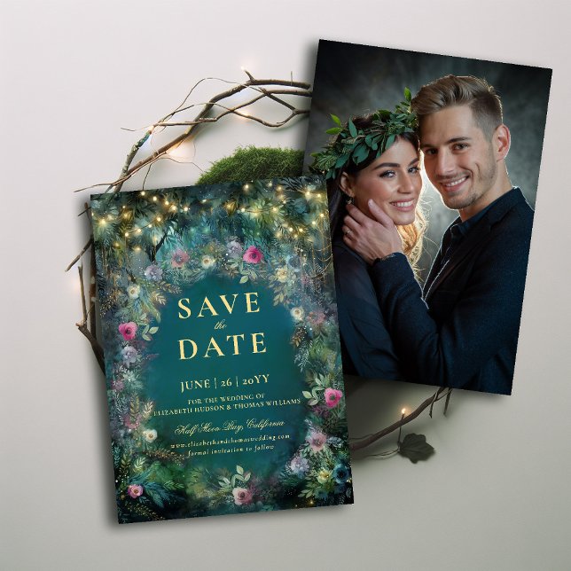 Invitation Rose de la forêt enchantée photo mariage Enregistr (enchanted forest photo wedding save the date magical fairy tale woodland roses gold emerald green)