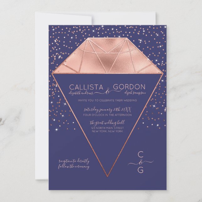 Invitation Rose de la marine Gold Diamond Confetti Mariage Pa (Devant)