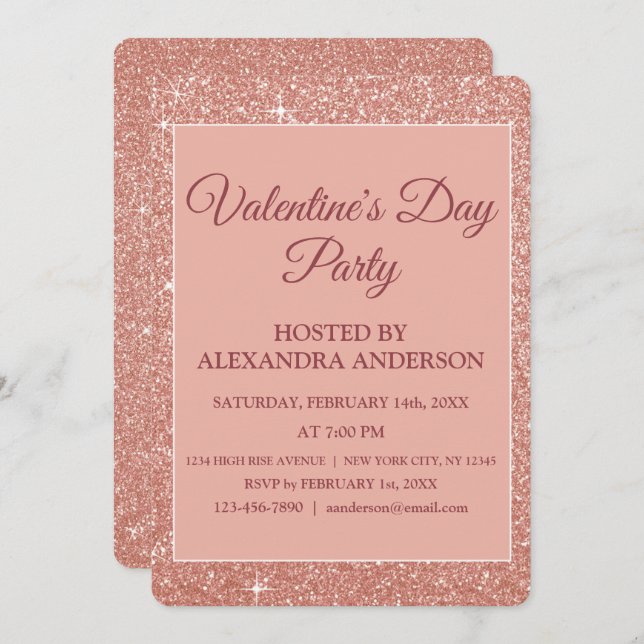 Invitation Rose de la Saint Valentin Gold Sparkle & Parties s (Devant / Derrière)