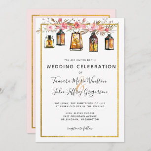 Invitation Rose de Lanternes Chic Rustique Mariage Floral Or