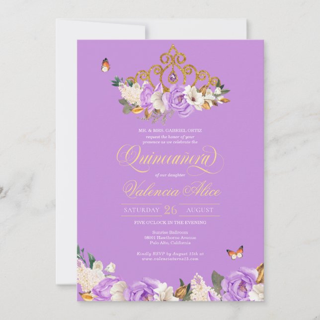 Invitation Rose de lavande Or Tiara Butterfly Quinceanera (Devant)