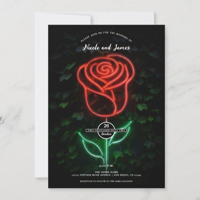 Invitation Rose de lierre de mariage de lumière au néon rouge (Devant)