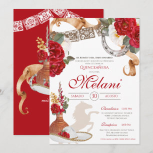 Invitation Rose de l'Ouest rouge Charra Ranchera Quinceanera