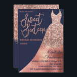 Invitation Rose de luxe Marine Parties scintillant or robe Sw<br><div class="desc">Cette invitation au sweet sixteen luxueuse, pétillante et glamour est le design parfait pour la jeune femme élégante et chic. Son design comprend une parties scintillant en or rose imbriquée et une robe princesse en or rose vintage dégradé de feuille d'or sur un arrière - plan bleu marine simple avec...</div>