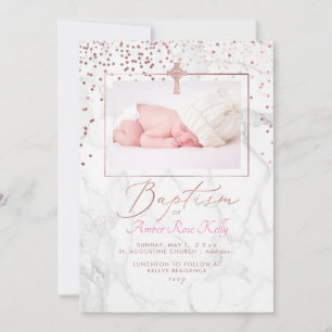 Invitation Rose de marbre Gold Croix celtique+Confetti Baptêm