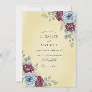 Invitation Rose de mariage aquarelle crème bordeaux