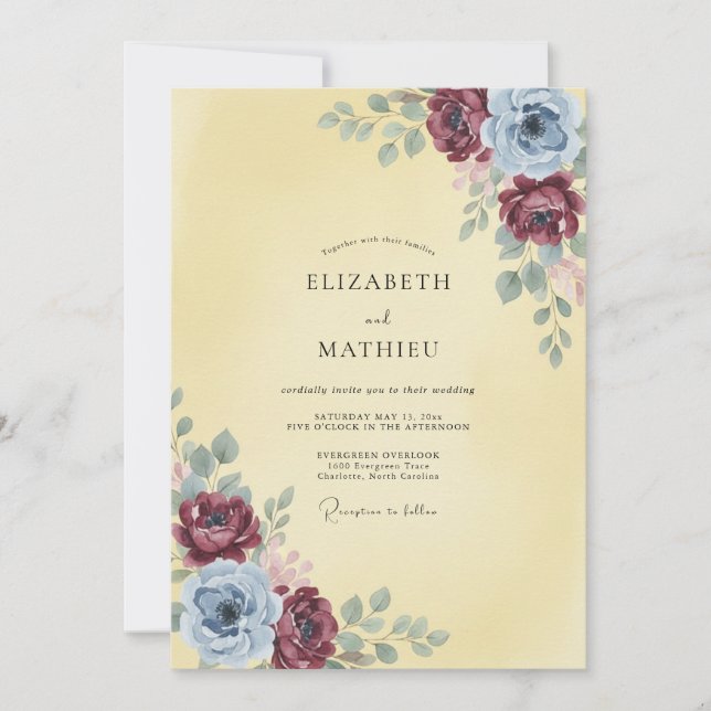 Invitation Rose de mariage aquarelle crème bordeaux (Devant)