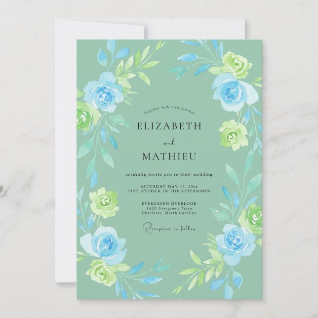 Invitation Rose de mariage bleu ciel écume de mer (Devant)